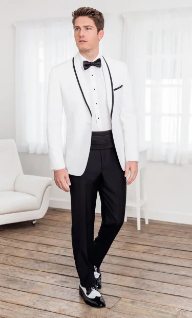 Ike Behar White Waverly with black trimmed shawl lapel